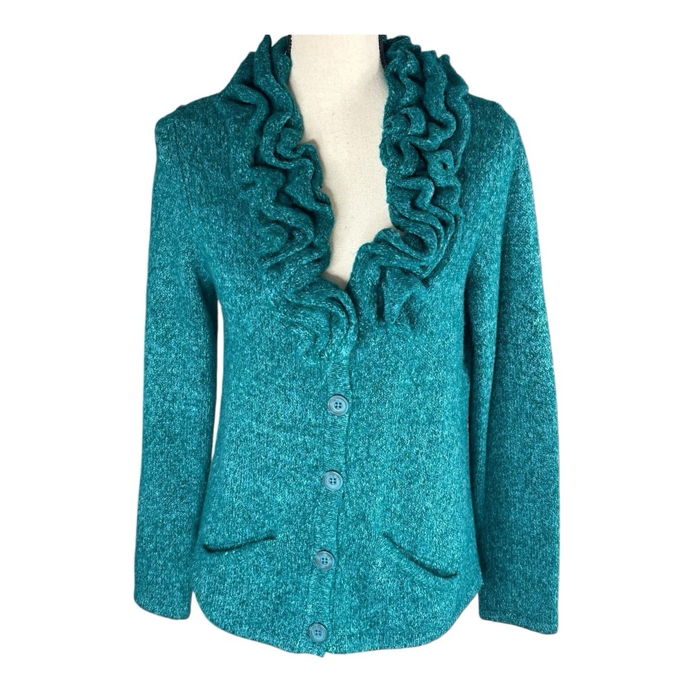 Alfani New Turquoise Button Ruffle Neck‎ Pocket Cardigan Size Petite Size Large
